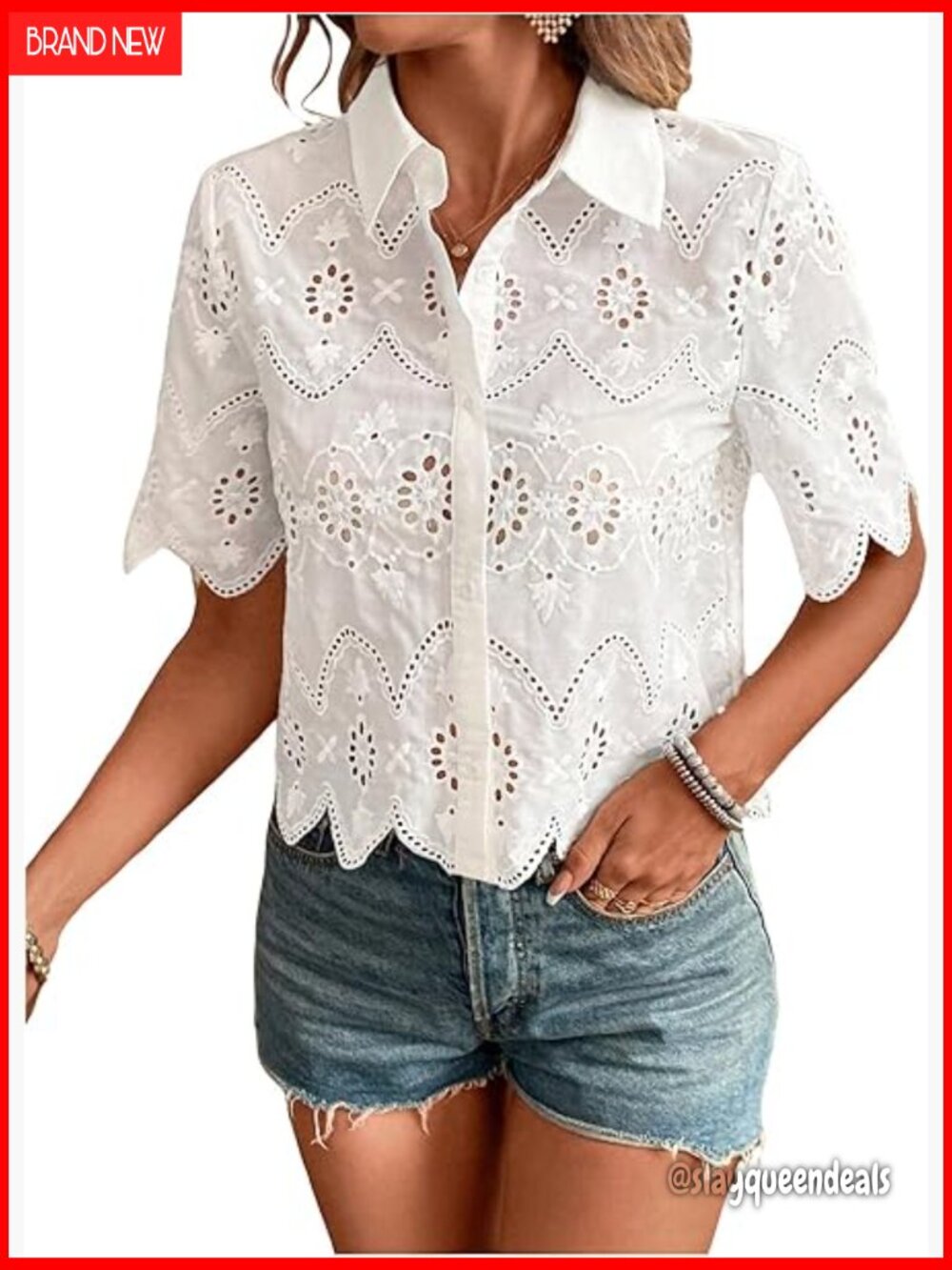 Boho Eyelet Crop Top Short Sleeve Button Down Blouse